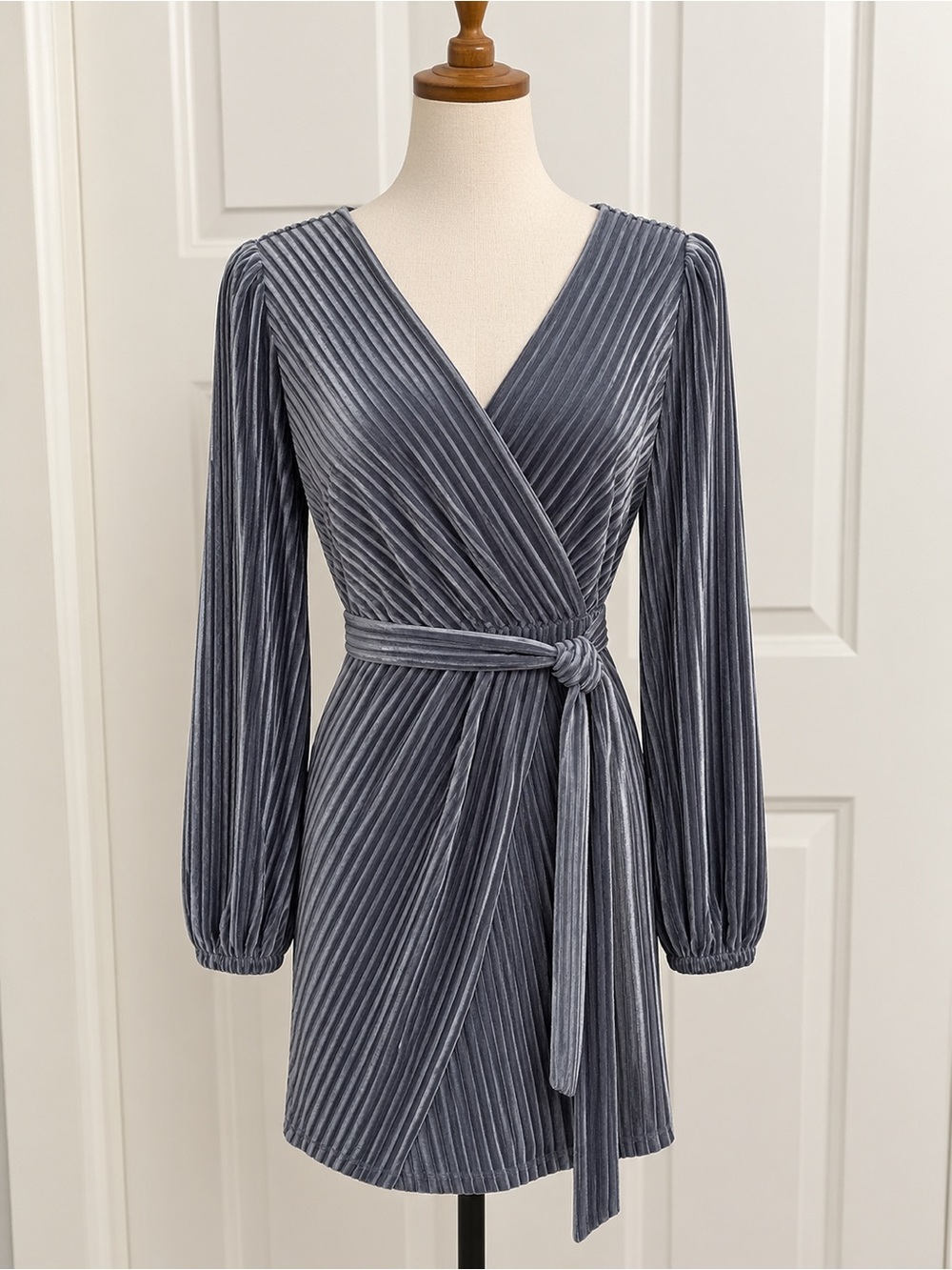Simple Gray Velvet Pleated Wrap Mini Dress